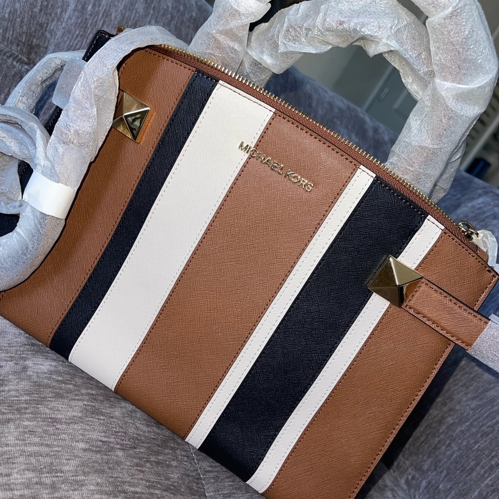 Michael Kors Tan, Black, and White Striped Satchel